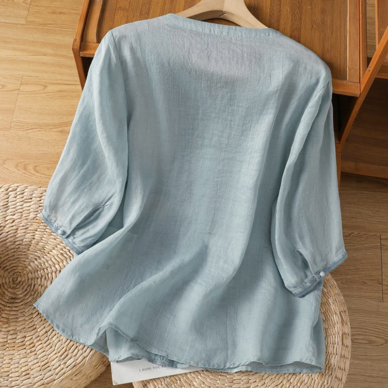 Casual Embroidery Frog-Button Polyester Half Sleeve Women's V-neck Shirt