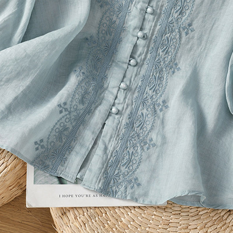 Casual Embroidery Frog-Button Polyester Half Sleeve Women's V-neck Shirt