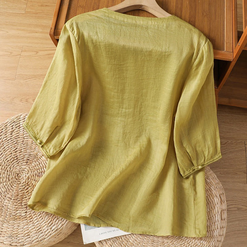 Casual Embroidery Frog-Button Polyester Half Sleeve Women's V-neck Shirt