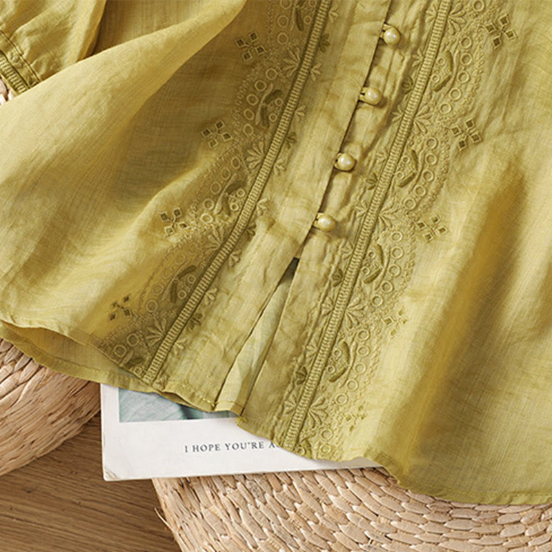 Casual Embroidery Frog-Button Polyester Half Sleeve Women's V-neck Shirt