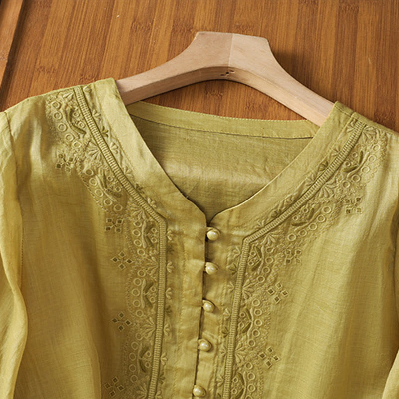 Casual Embroidery Frog-Button Polyester Half Sleeve Women's V-neck Shirt
