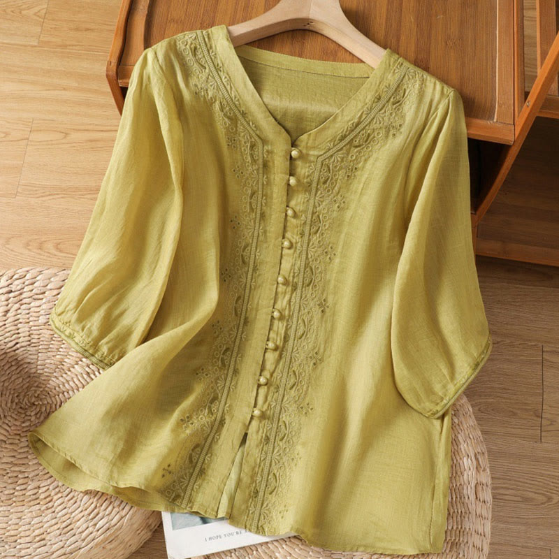 Casual Embroidery Frog-Button Polyester Half Sleeve Women's V-neck Shirt