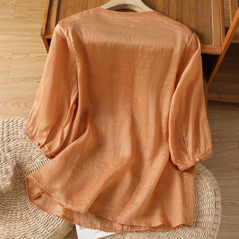 Casual Embroidery Frog-Button Polyester Half Sleeve Women's V-neck Shirt