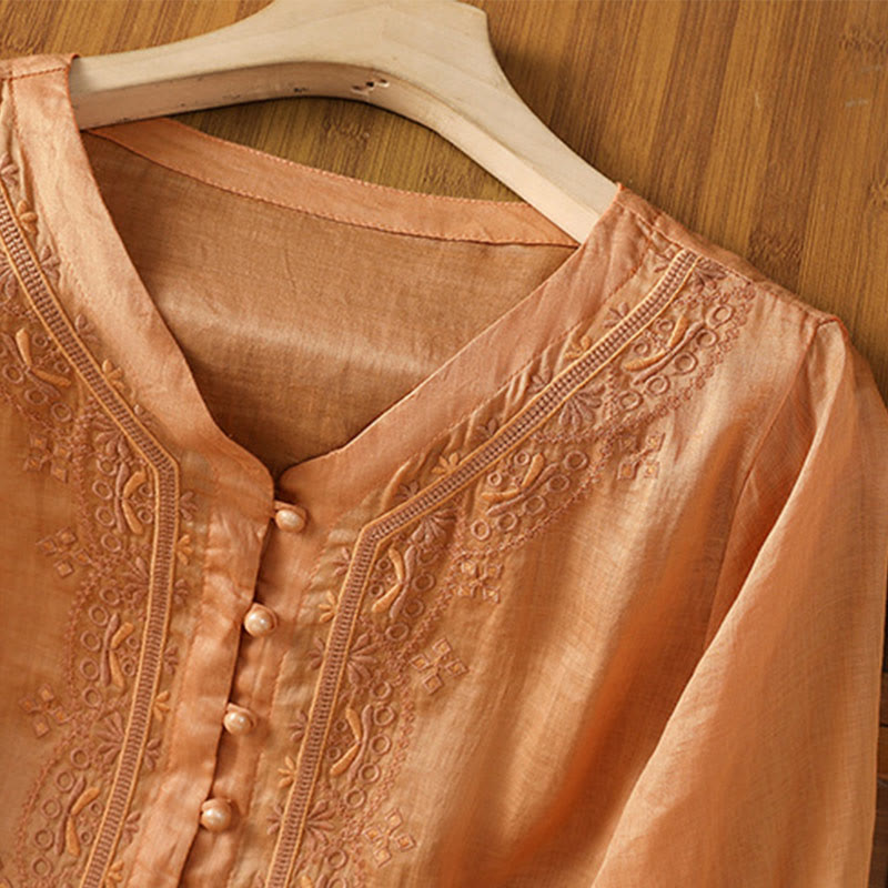 Casual Embroidery Frog-Button Polyester Half Sleeve Women's V-neck Shirt