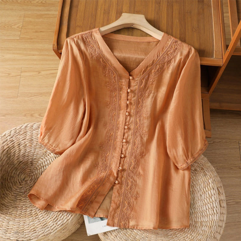 Casual Embroidery Frog-Button Polyester Half Sleeve Women's V-neck Shirt