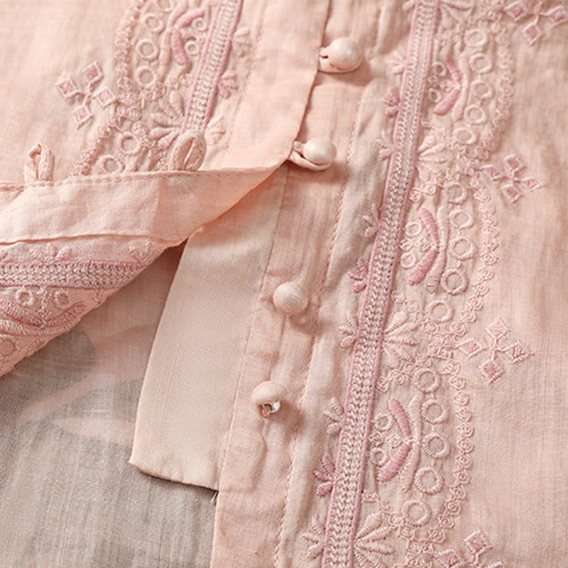 Casual Embroidery Frog-Button Polyester Half Sleeve Women's V-neck Shirt