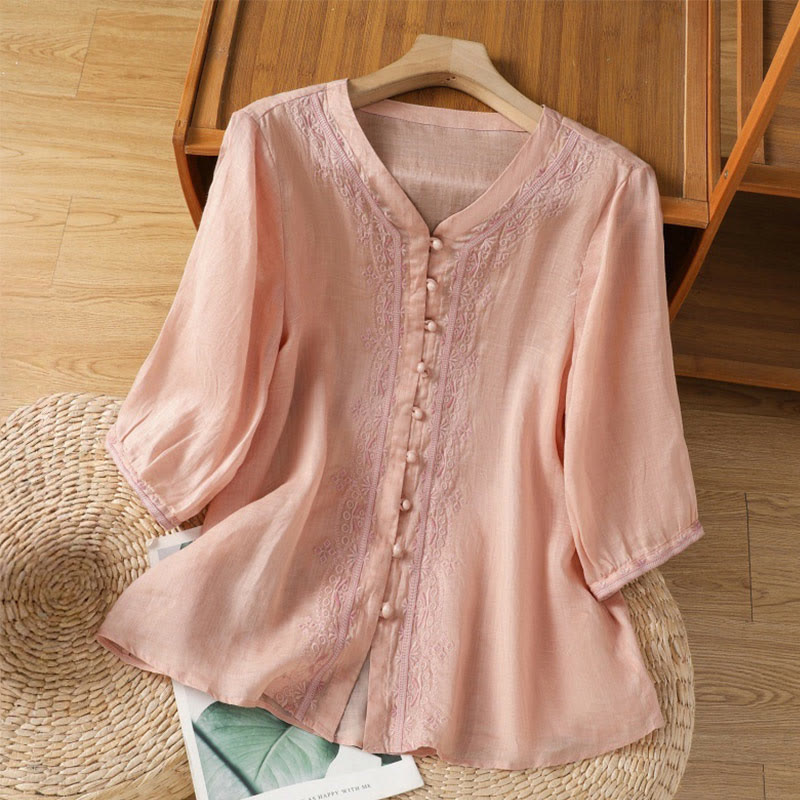 Casual Embroidery Frog-Button Polyester Half Sleeve Women's V-neck Shirt