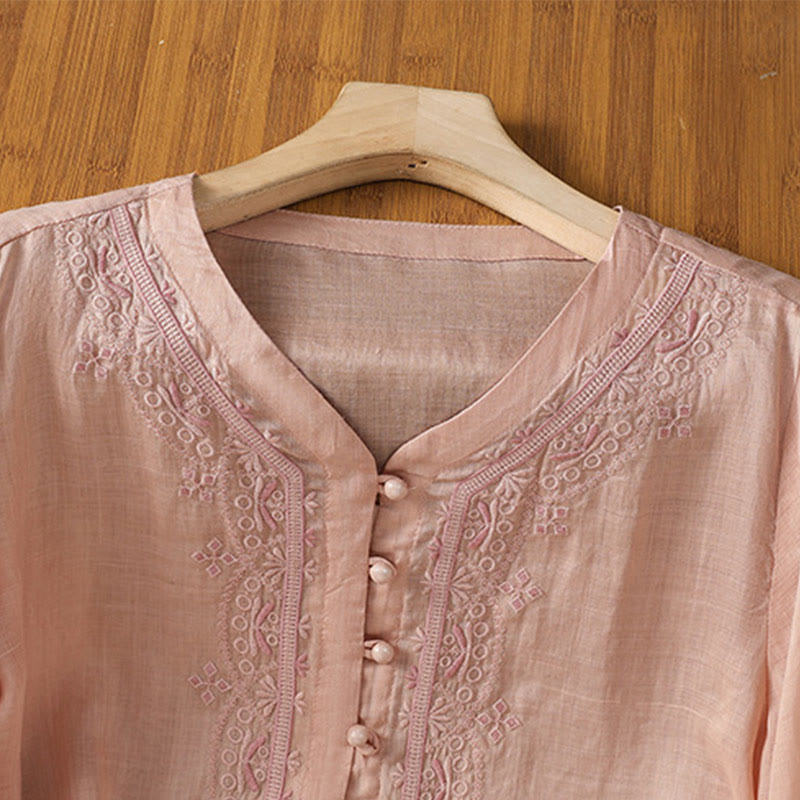 Casual Embroidery Frog-Button Polyester Half Sleeve Women's V-neck Shirt