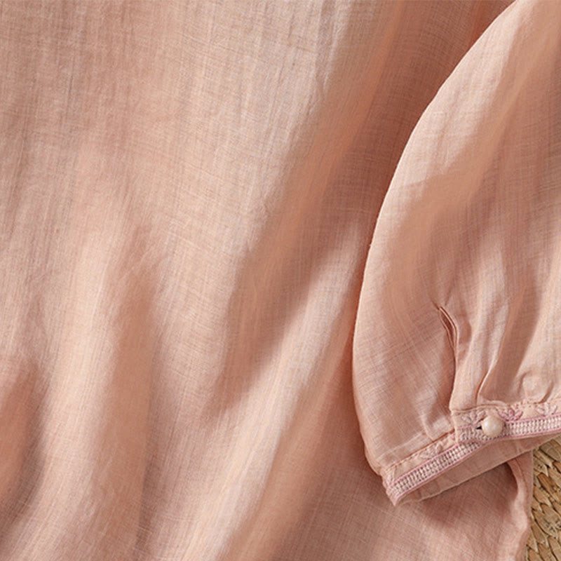 Casual Embroidery Frog-Button Polyester Half Sleeve Women's V-neck Shirt