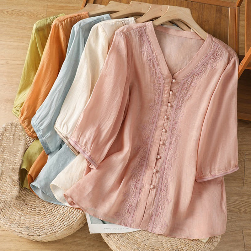 Casual Embroidery Frog-Button Polyester Half Sleeve Women's V-neck Shirt