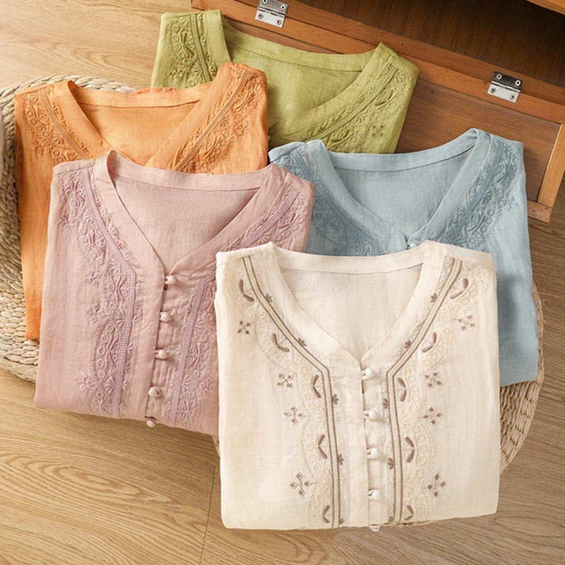 Casual Embroidery Frog-Button Polyester Half Sleeve Women's V-neck Shirt
