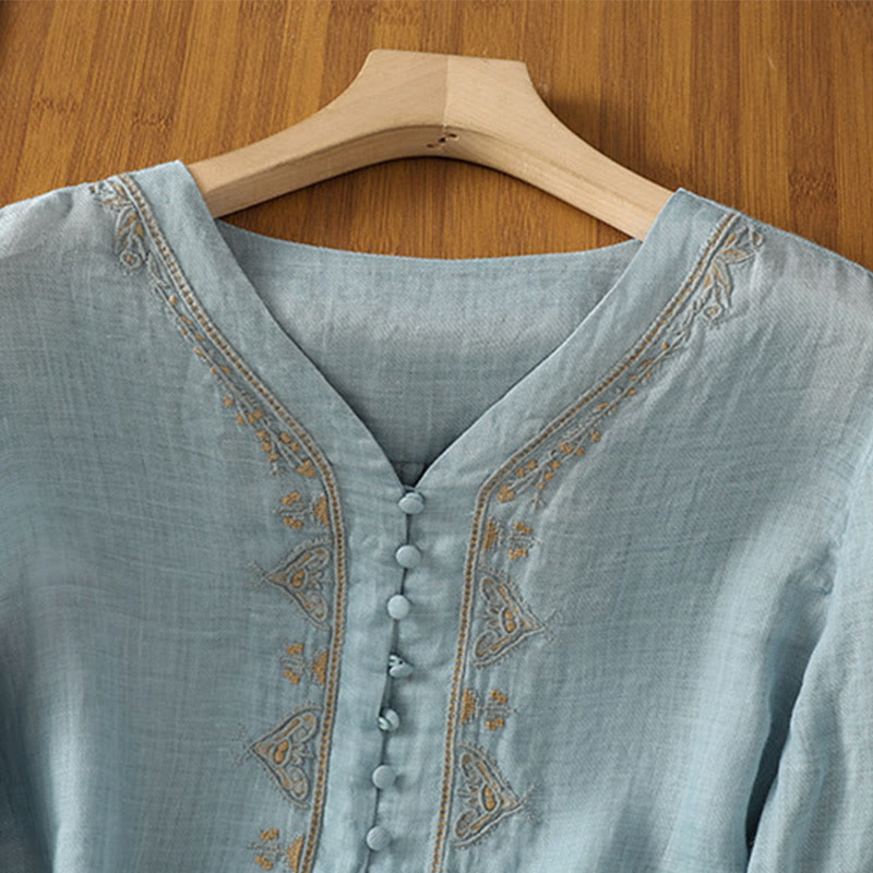 Embroidered V-Neck Half-Sleeve Mindful Meditation Shirt