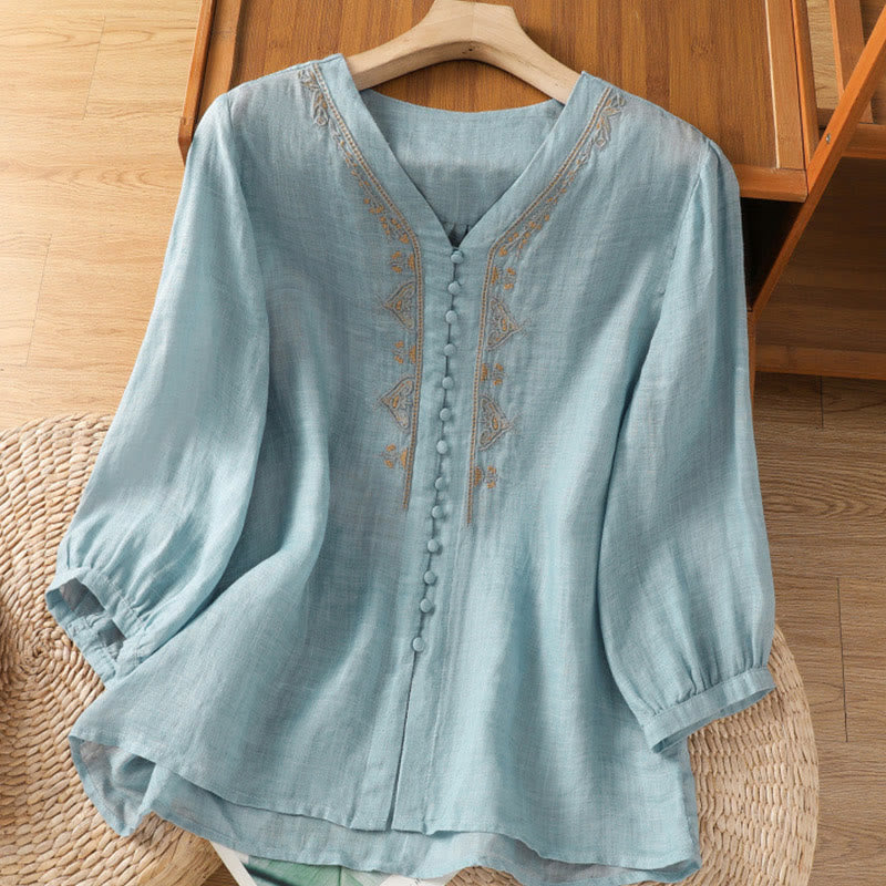 Embroidered V-Neck Half-Sleeve Mindful Meditation Shirt