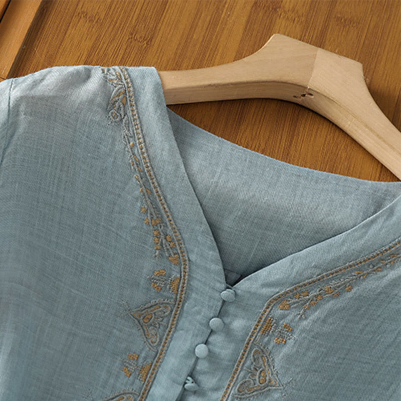 Embroidered V-Neck Half-Sleeve Mindful Meditation Shirt