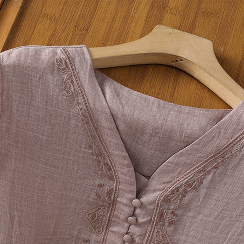 Embroidered V-Neck Half-Sleeve Mindful Meditation Shirt
