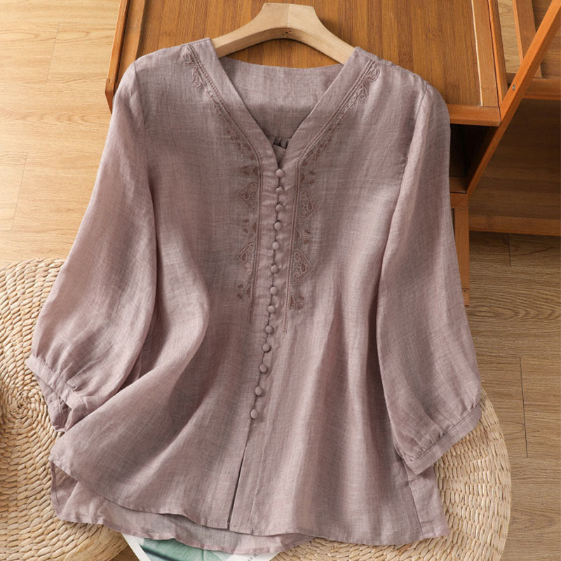 Embroidered V-Neck Half-Sleeve Mindful Meditation Shirt