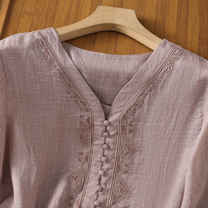 Embroidered V-Neck Half-Sleeve Mindful Meditation Shirt