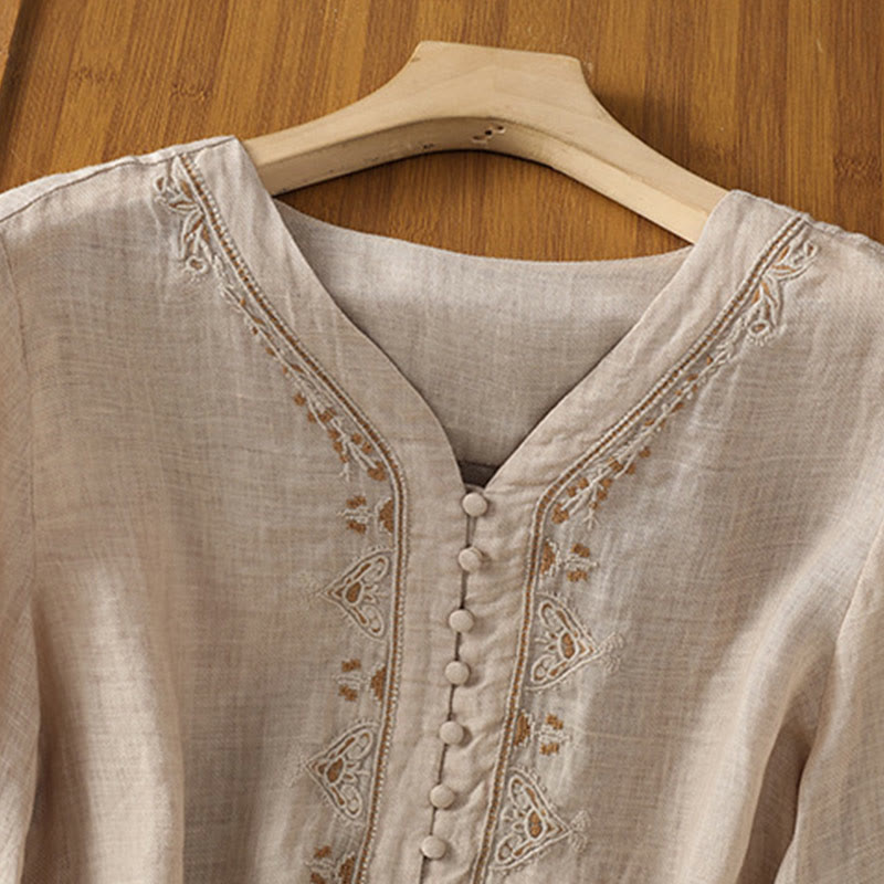 Embroidered V-Neck Half-Sleeve Mindful Meditation Shirt