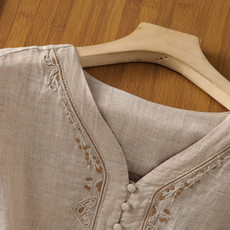 Embroidered V-Neck Half-Sleeve Mindful Meditation Shirt