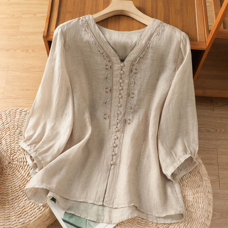 Embroidered V-Neck Half-Sleeve Mindful Meditation Shirt