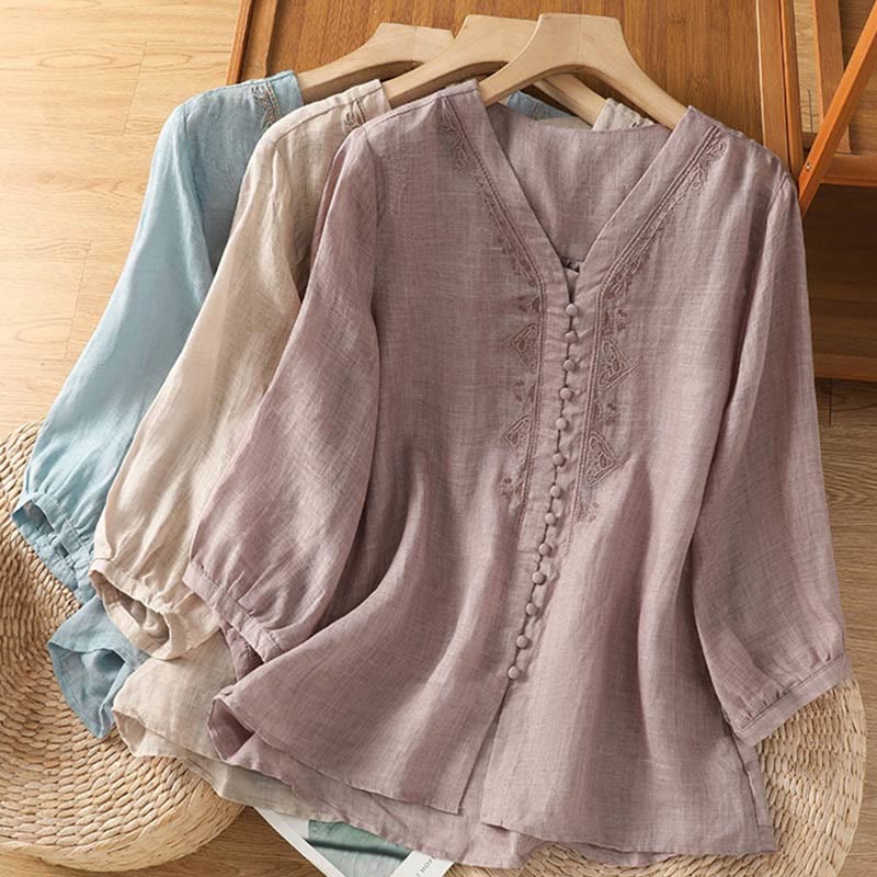 Embroidered V-Neck Half-Sleeve Mindful Meditation Shirt