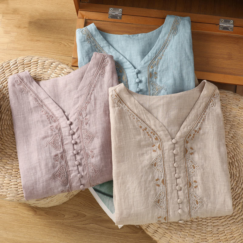 Embroidered V-Neck Half-Sleeve Mindful Meditation Shirt