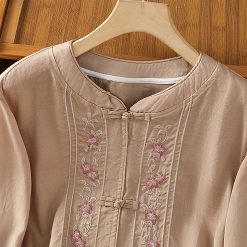Casual Embroidery Frog-Button Cotton Polyester Half Sleeve Women's Stand Collar Shirt