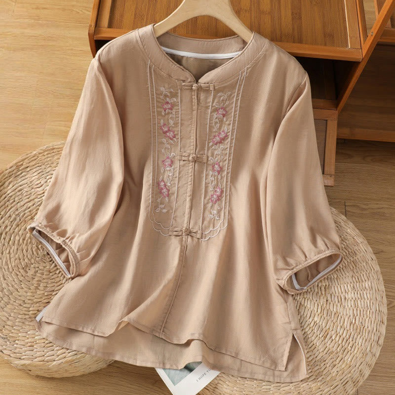 Casual Embroidery Frog-Button Cotton Polyester Half Sleeve Women's Stand Collar Shirt