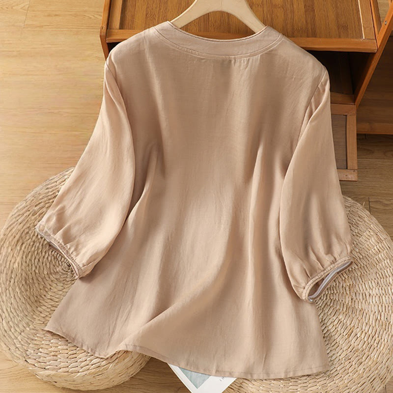 Casual Embroidery Frog-Button Cotton Polyester Half Sleeve Women's Stand Collar Shirt