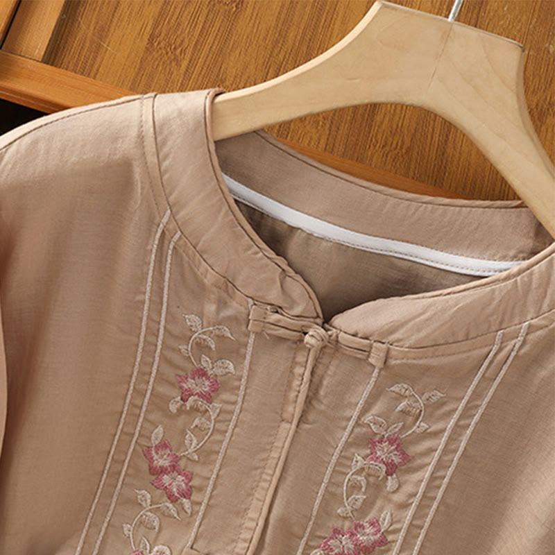 Casual Embroidery Frog-Button Cotton Polyester Half Sleeve Women's Stand Collar Shirt