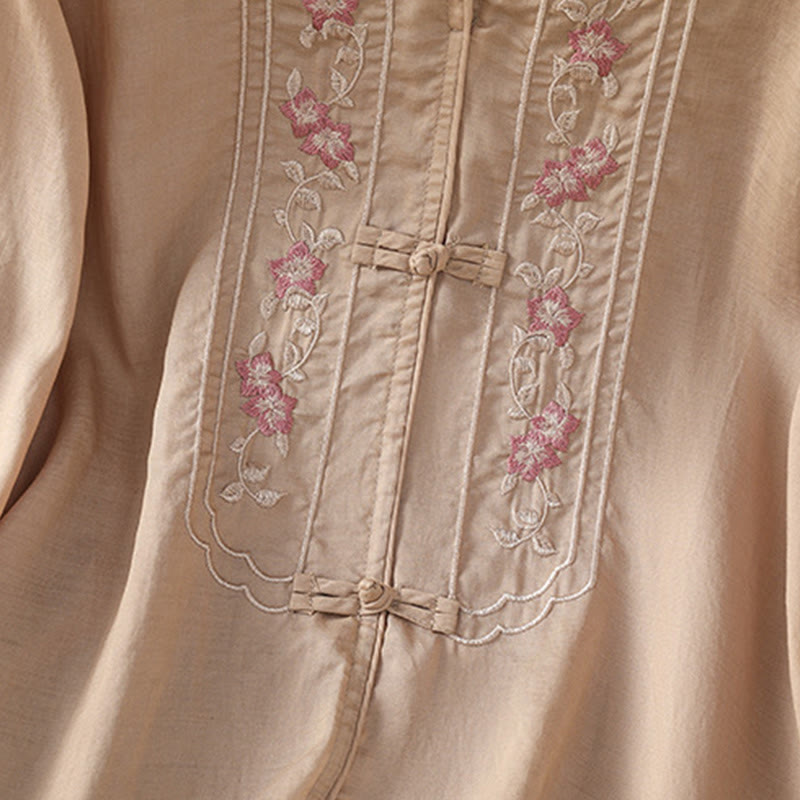 Casual Embroidery Frog-Button Cotton Polyester Half Sleeve Women's Stand Collar Shirt