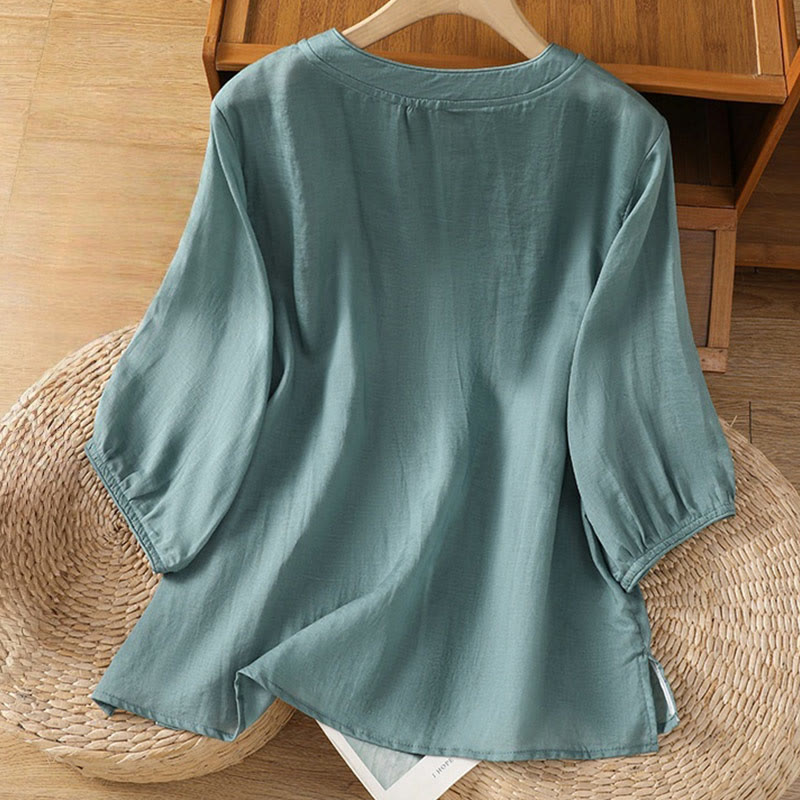 Casual Embroidery Frog-Button Cotton Polyester Half Sleeve Women's Stand Collar Shirt