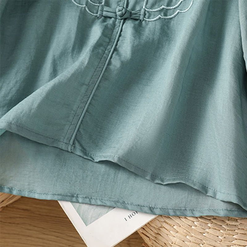 Casual Embroidery Frog-Button Cotton Polyester Half Sleeve Women's Stand Collar Shirt