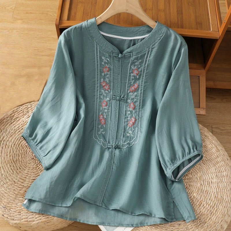 Casual Embroidery Frog-Button Cotton Polyester Half Sleeve Women's Stand Collar Shirt