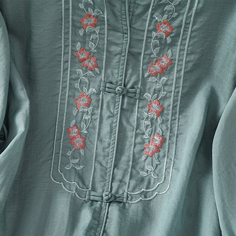 Casual Embroidery Frog-Button Cotton Polyester Half Sleeve Women's Stand Collar Shirt