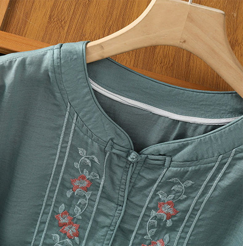 Casual Embroidery Frog-Button Cotton Polyester Half Sleeve Women's Stand Collar Shirt