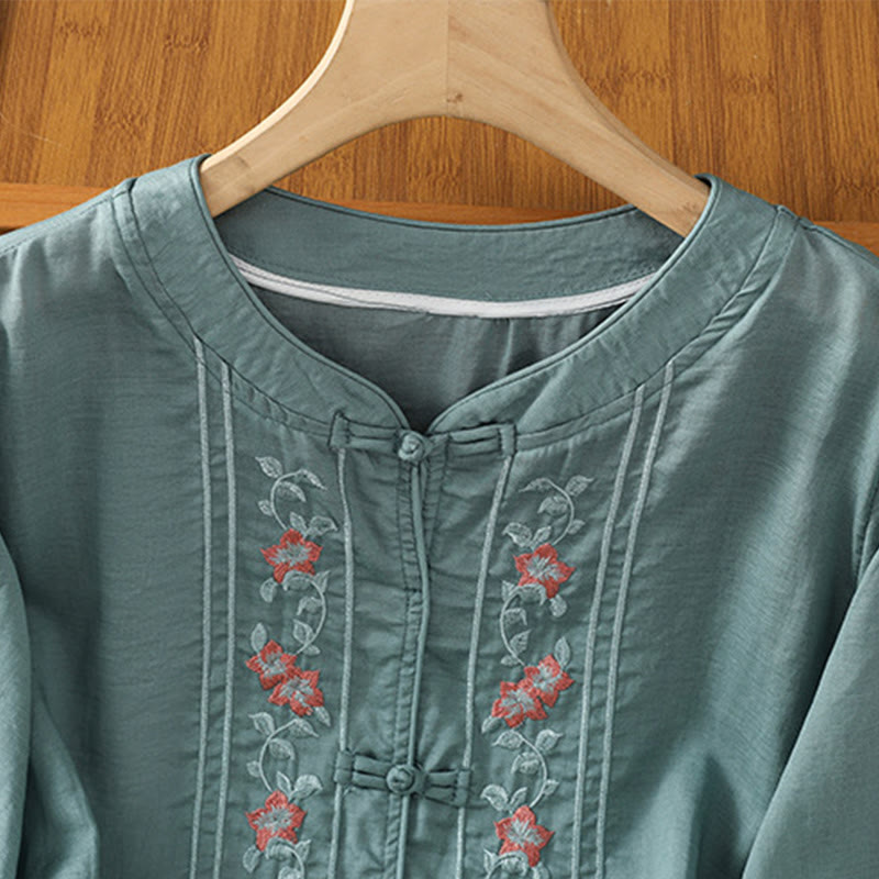 Casual Embroidery Frog-Button Cotton Polyester Half Sleeve Women's Stand Collar Shirt