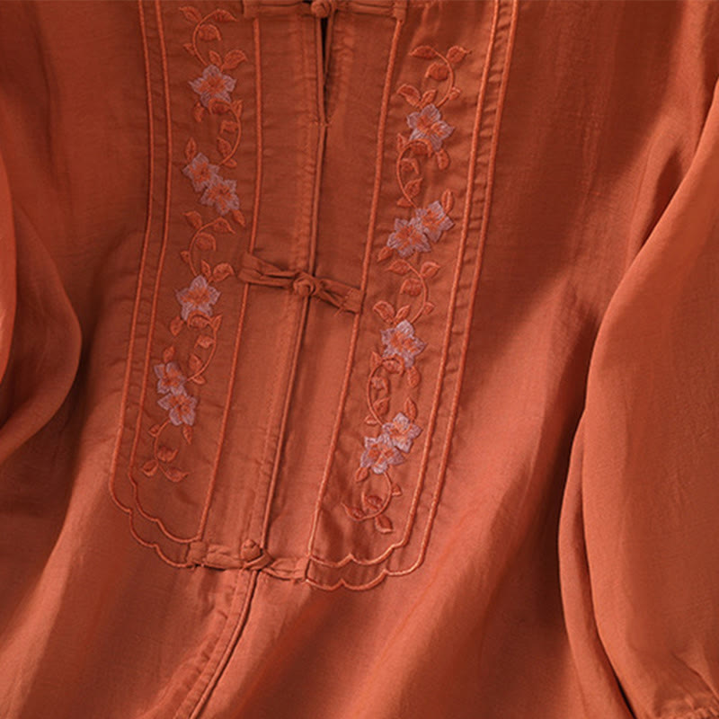 Casual Embroidery Frog-Button Cotton Polyester Half Sleeve Women's Stand Collar Shirt