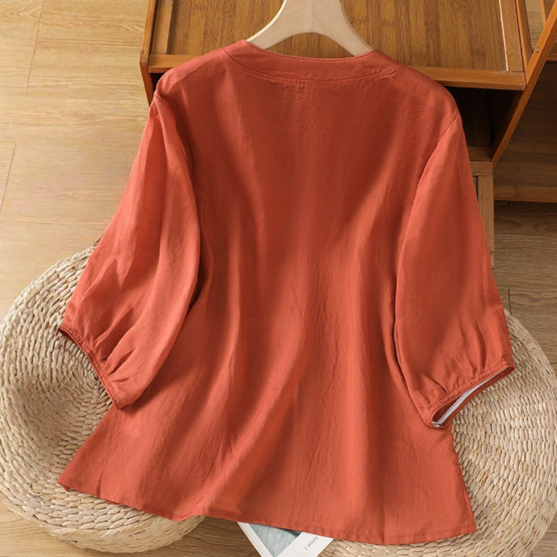 Casual Embroidery Frog-Button Cotton Polyester Half Sleeve Women's Stand Collar Shirt