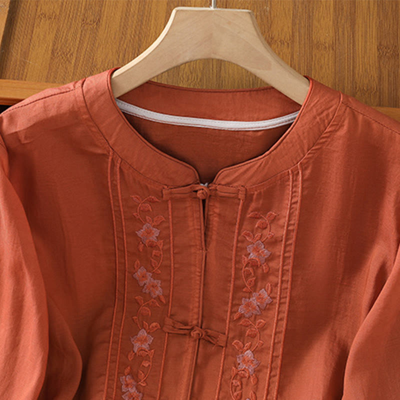 Casual Embroidery Frog-Button Cotton Polyester Half Sleeve Women's Stand Collar Shirt