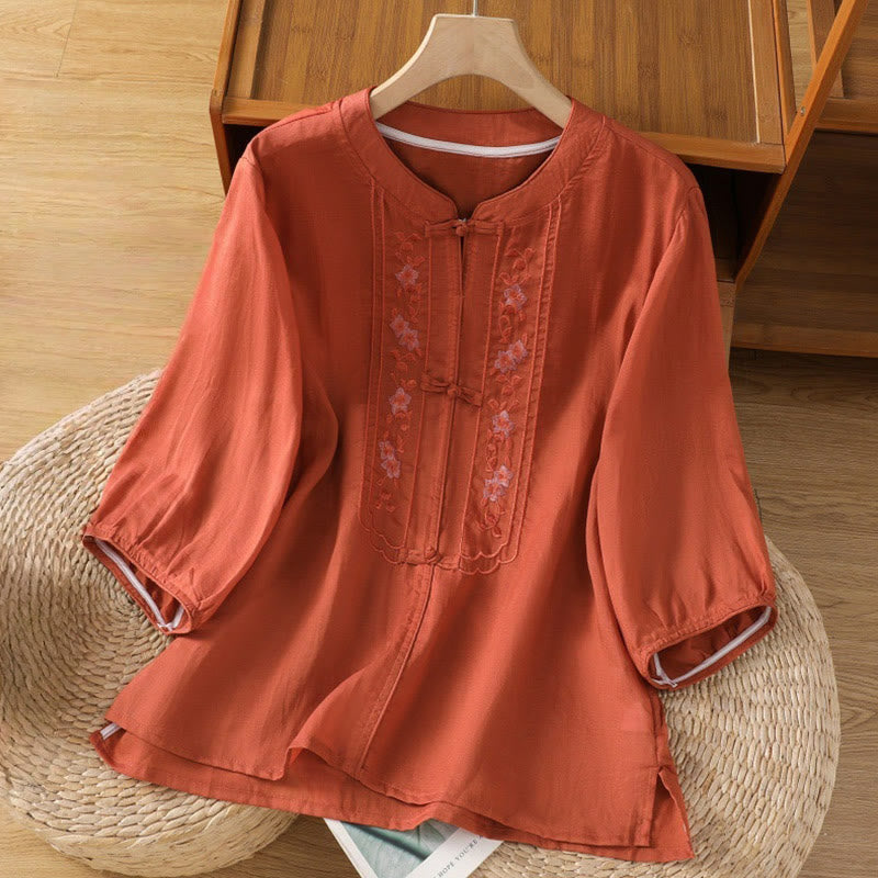 Casual Embroidery Frog-Button Cotton Polyester Half Sleeve Women's Stand Collar Shirt