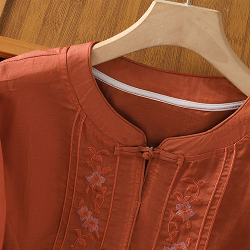 Casual Embroidery Frog-Button Cotton Polyester Half Sleeve Women's Stand Collar Shirt