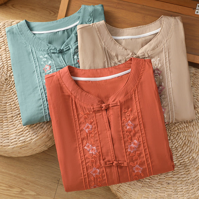 Casual Embroidery Frog-Button Cotton Polyester Half Sleeve Women's Stand Collar Shirt