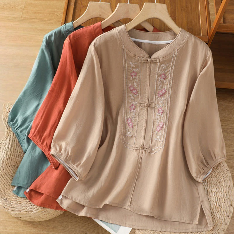 Casual Embroidery Frog-Button Cotton Polyester Half Sleeve Women's Stand Collar Shirt