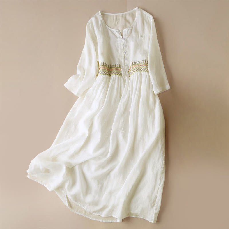 Embroidery Geometry Nine-Quarter Sleeve Cotton Women's Midi Dress With Pockets