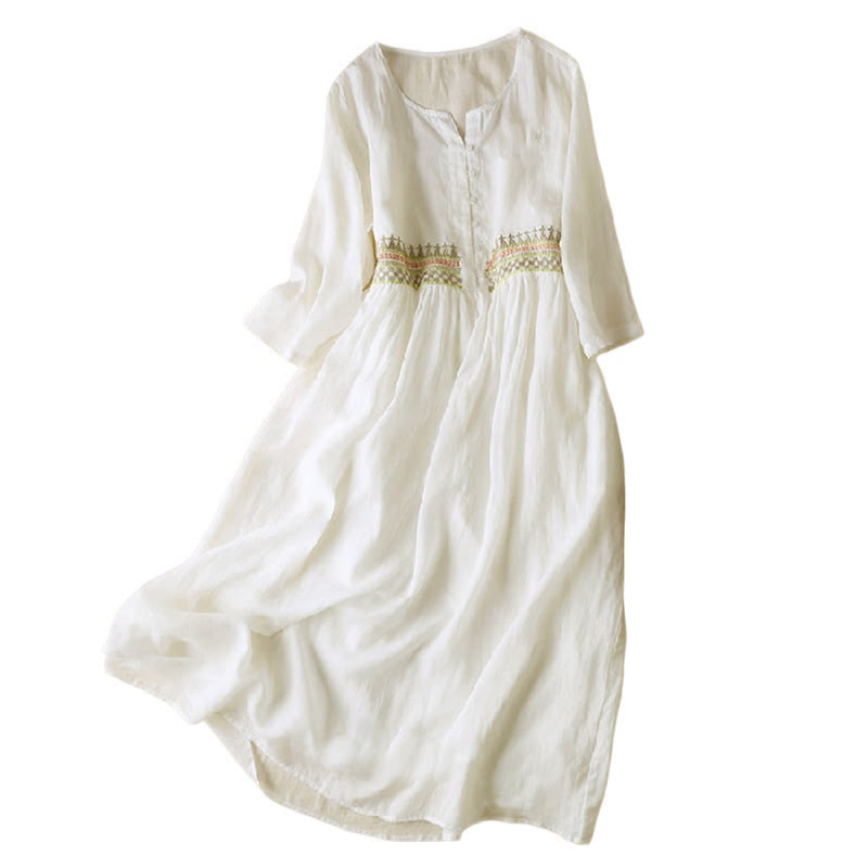 Embroidery Geometry Nine-Quarter Sleeve Cotton Women's Midi Dress With Pockets