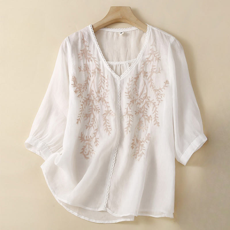 Summer Casual Flower Branches Embroidered Pattern V-Neck Half Sleeve Cotton Linen Women's T-shirt