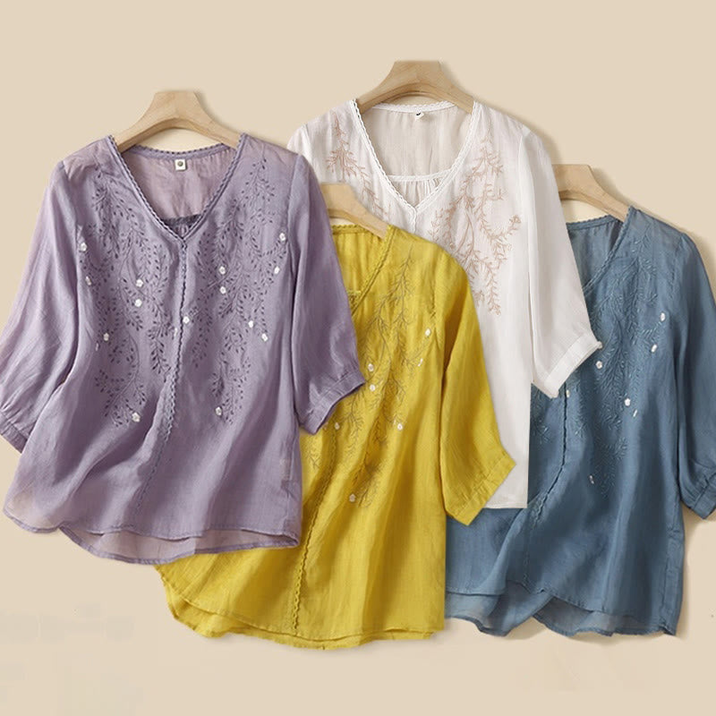Summer Casual Flower Branches Embroidered Pattern V-Neck Half Sleeve Cotton Linen Women's T-shirt
