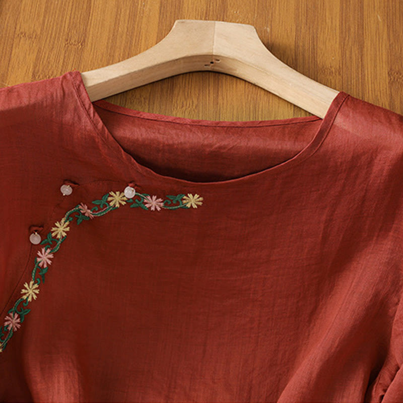Casual Embroidery Flowers Cotton Polyester Half Sleeve Women's Crew Neck Shirt
