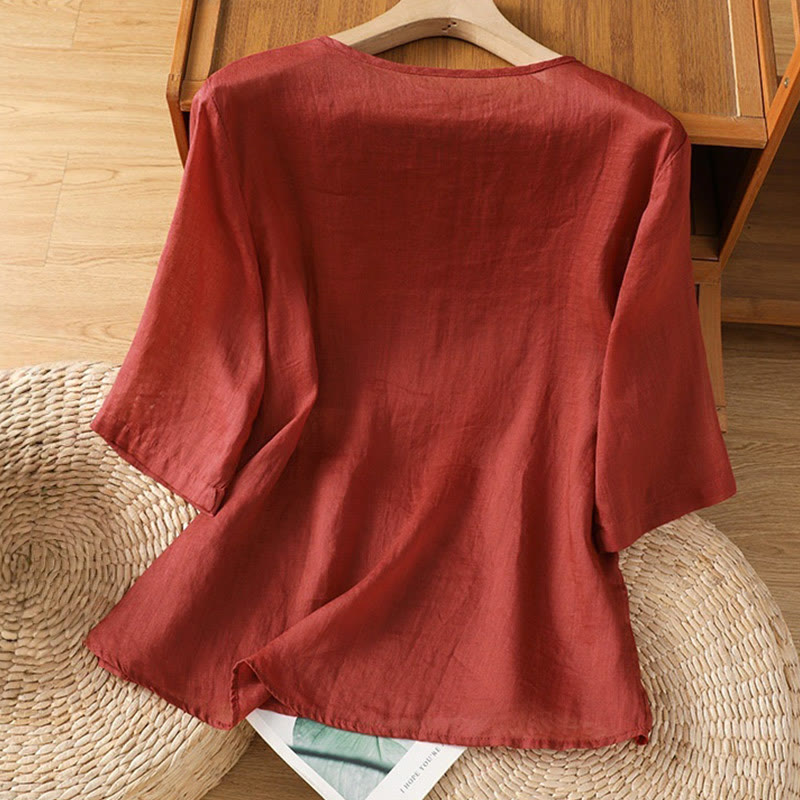 Casual Embroidery Flowers Cotton Polyester Half Sleeve Women's Crew Neck Shirt